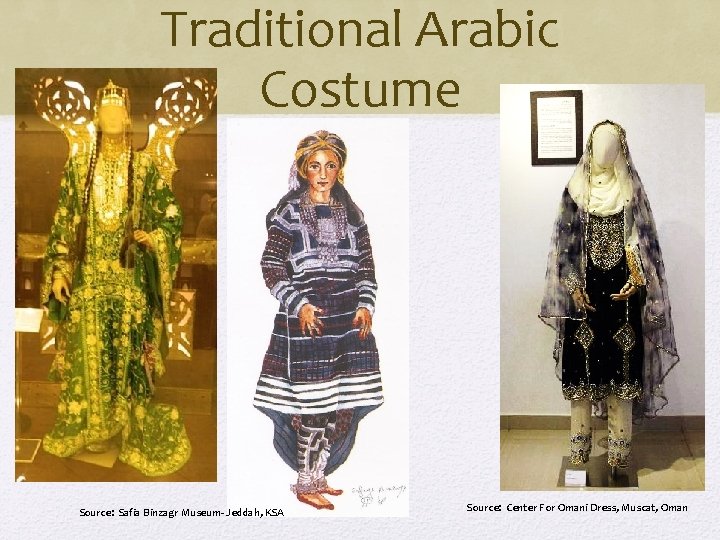 Traditional Arabic Costume Source: Safia Binzagr Museum- Jeddah, KSA Source: Center For Omani Dress,