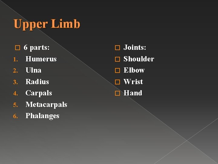 Upper Limb � 1. 2. 3. 4. 5. 6. 6 parts: Humerus Ulna Radius