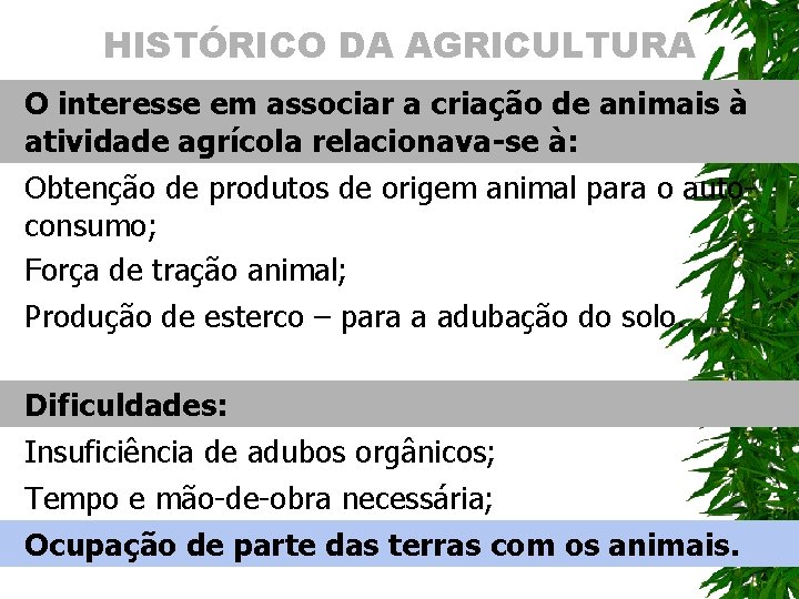 HISTÓRICO DA AGRICULTURA O interesse em associar a criação de animais à atividade agrícola