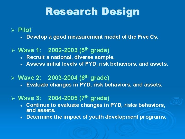 Research Design Ø Pilot l Ø Wave 1: l l Ø l 2003 -2004