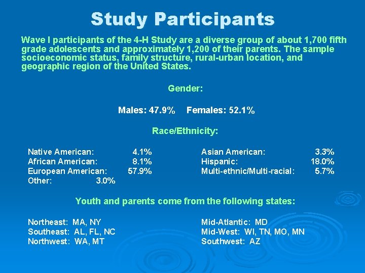 Study Participants Wave I participants of the 4 -H Study are a diverse group