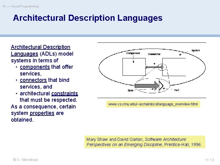PL — Visual Programming Architectural Description Languages (ADLs) model systems in terms of •