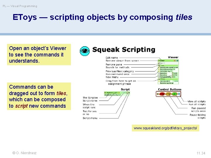 PL — Visual Programming EToys — scripting objects by composing tiles Open an object’s