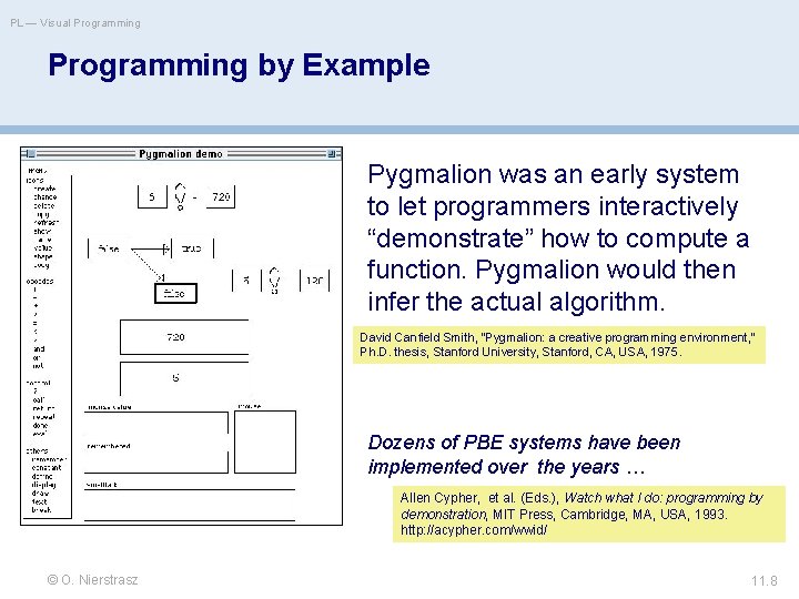 PL — Visual Programming by Example Pygmalion was an early system to let programmers