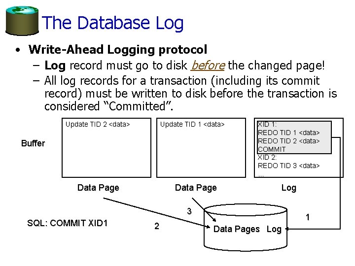 The Database Log • Write-Ahead Logging protocol – Log record must go to disk