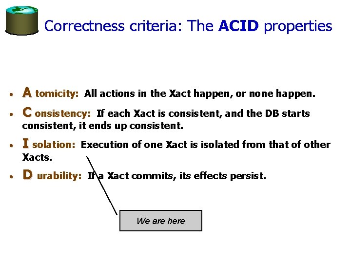 Correctness criteria: The ACID properties • • A tomicity: All actions in the Xact