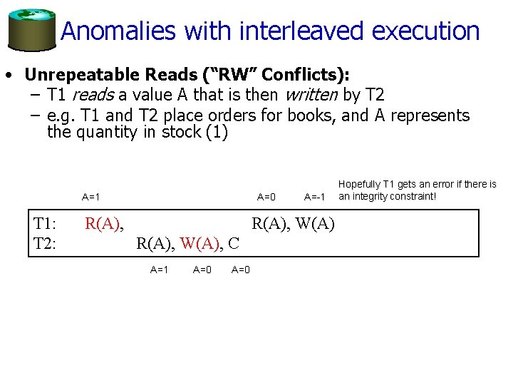 Anomalies with interleaved execution • Unrepeatable Reads (“RW” Conflicts): – T 1 reads a