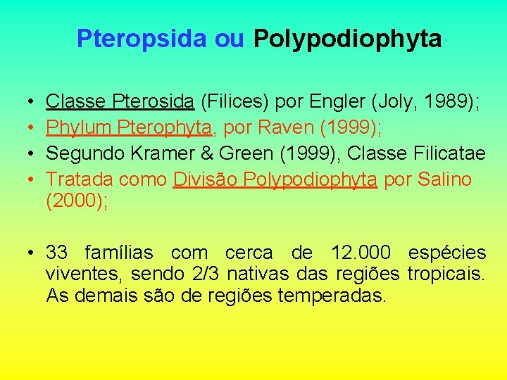 Pteropsida ou Polypodiophyta • • Classe Pterosida (Filices) por Engler (Joly, 1989); Phylum Pterophyta,