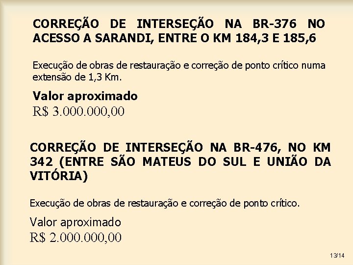 CORREÇÃO DE INTERSEÇÃO NA BR-376 NO ACESSO A SARANDI, ENTRE O KM 184, 3