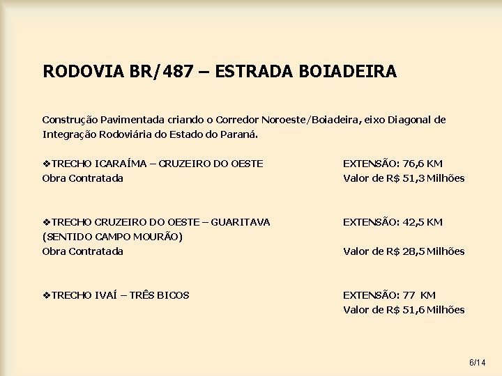 RODOVIA BR/487 – ESTRADA BOIADEIRA Construção Pavimentada criando o Corredor Noroeste/Boiadeira, eixo Diagonal de