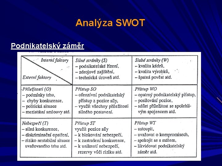 Analýza SWOT Podnikatelský záměr 