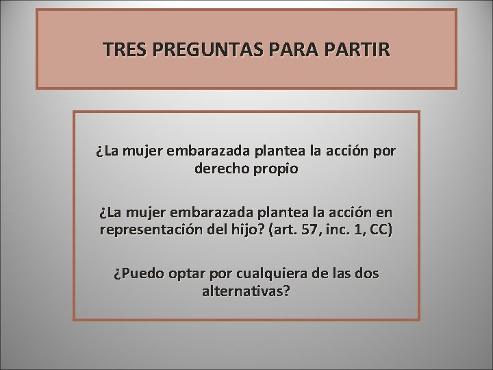 TRES PREGUNTAS PARA PARTIR ¿La mujer embarazada plantea la acción por derecho propio ¿La TRES PREGUNTAS PARA PARTIR ¿La mujer embarazada plantea la acción por derecho propio ¿La