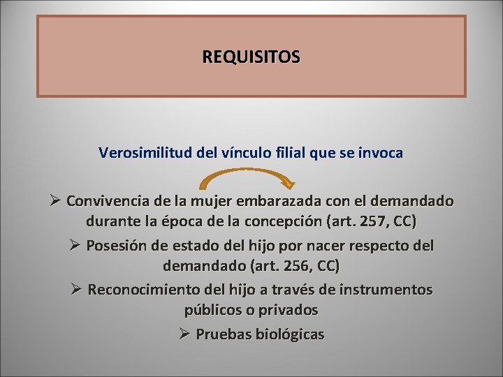 REQUISITOS Verosimilitud del vínculo filial que se invoca Ø Convivencia de la mujer embarazada REQUISITOS Verosimilitud del vínculo filial que se invoca Ø Convivencia de la mujer embarazada