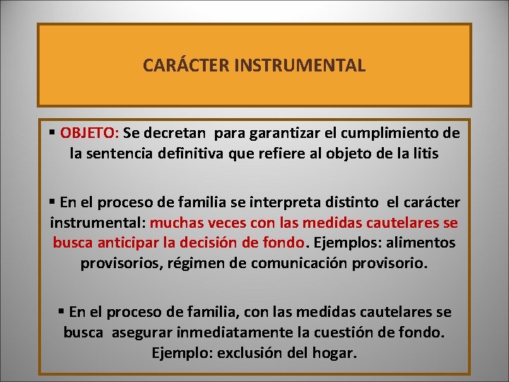 CARÁCTER INSTRUMENTAL § OBJETO: Se decretan para garantizar el cumplimiento de la sentencia definitiva CARÁCTER INSTRUMENTAL § OBJETO: Se decretan para garantizar el cumplimiento de la sentencia definitiva