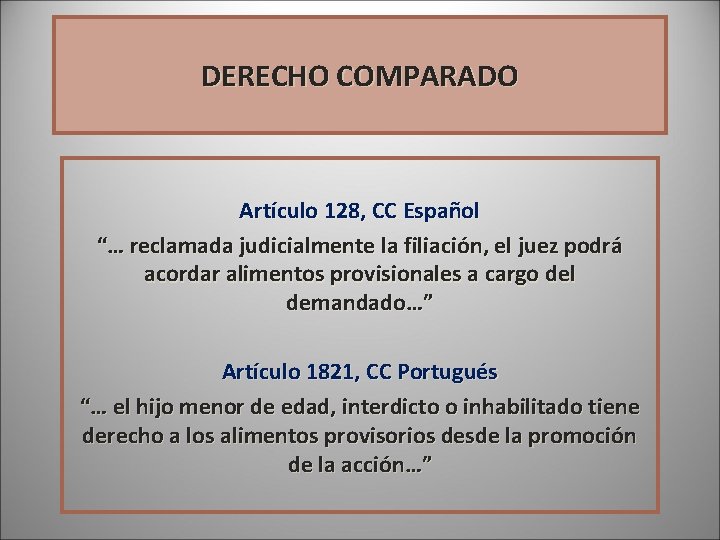 DERECHO COMPARADO Artículo 128, CC Español “… reclamada judicialmente la filiación, el juez podrá DERECHO COMPARADO Artículo 128, CC Español “… reclamada judicialmente la filiación, el juez podrá