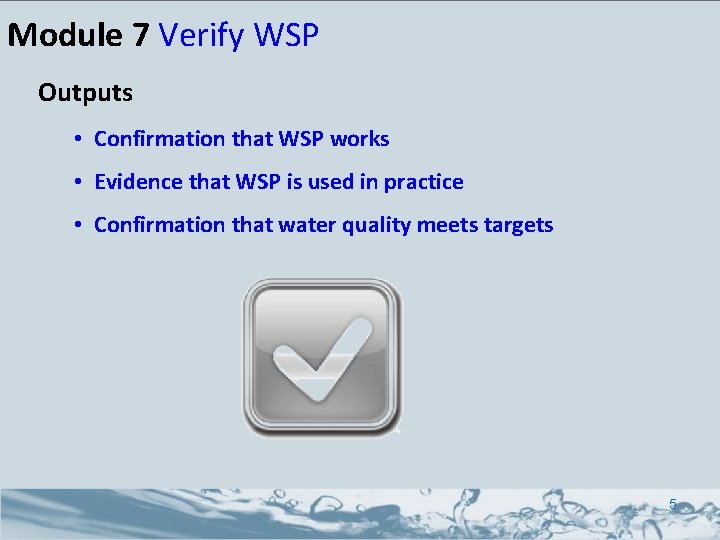 Module 7 Verify WSP Outputs • Confirmation that WSP works • Evidence that WSP