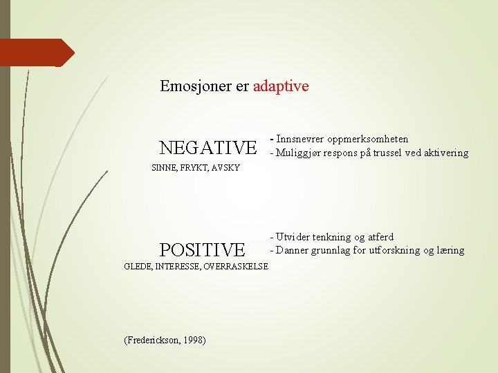 Emosjoner er adaptive NEGATIVE - Innsnevrer oppmerksomheten - Muliggjør respons på trussel ved aktivering