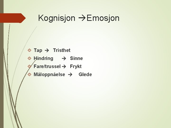 Kognisjon Emosjon Tap Tristhet Hindring Sinne Fare/trussel Frykt Måloppnåelse Glede 