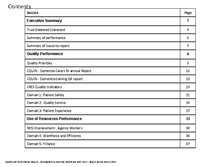 Contents Section Page Executive Summary 2 Trust Balanced Scorecard 4 Summary of performance 6