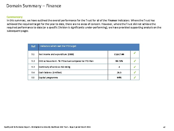 Domain Summary – Finance Commentary In this summary, we have outlined the overall performance