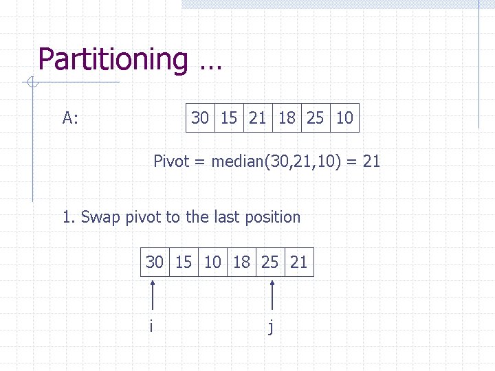 Partitioning … A: 30 15 21 18 25 10 Pivot = median(30, 21, 10)