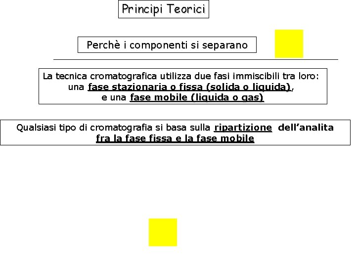 Principi Teorici Perchè i componenti si separano La tecnica cromatografica utilizza due fasi immiscibili Principi Teorici Perchè i componenti si separano La tecnica cromatografica utilizza due fasi immiscibili