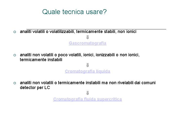 Quale tecnica usare? analiti volatili o volatilizzabili, termicamente stabili, non ionici Gascromatografia analiti non Quale tecnica usare? analiti volatili o volatilizzabili, termicamente stabili, non ionici Gascromatografia analiti non