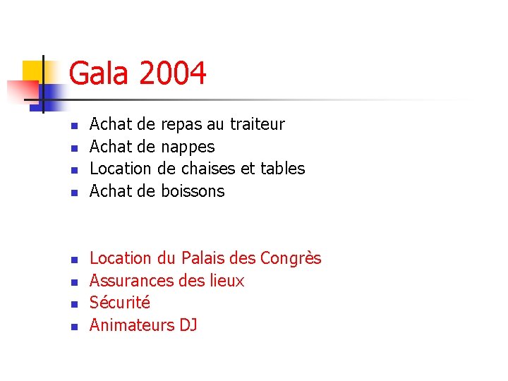 Gala 2004 n n n n Achat de repas au traiteur Achat de nappes