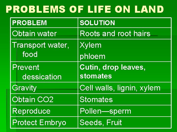 PROBLEMS OF LIFE ON LAND PROBLEM SOLUTION Obtain water Transport water, food Roots and