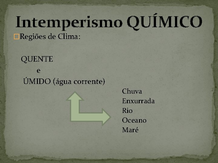 Intemperismo QUÍMICO �Regiões de Clima: QUENTE e ÚMIDO (água corrente) Chuva Enxurrada Rio Oceano