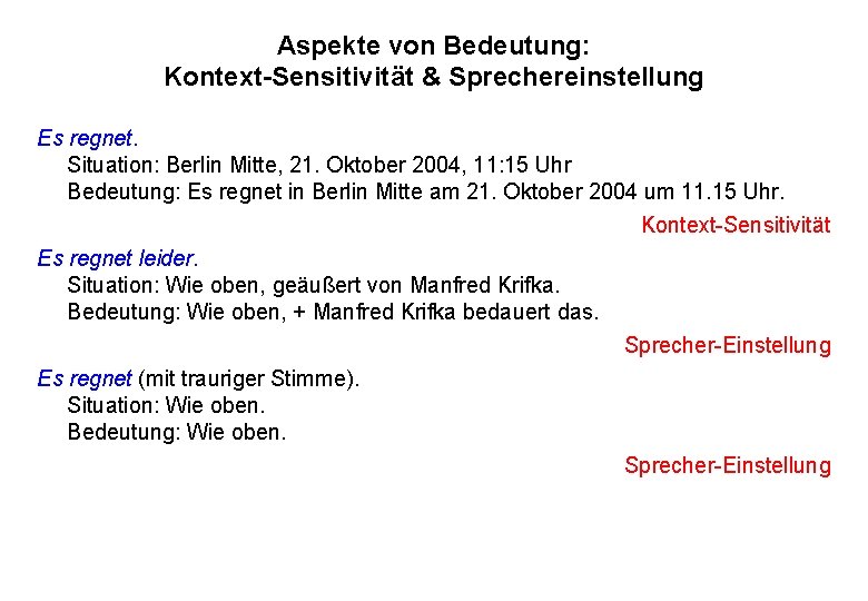 Aspekte von Bedeutung: Kontext-Sensitivität & Sprechereinstellung Es regnet. Situation: Berlin Mitte, 21. Oktober 2004,