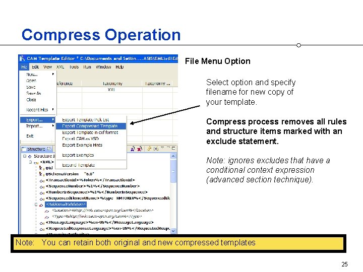 Compress Operation File Menu Option Select option and specify filename for new copy of