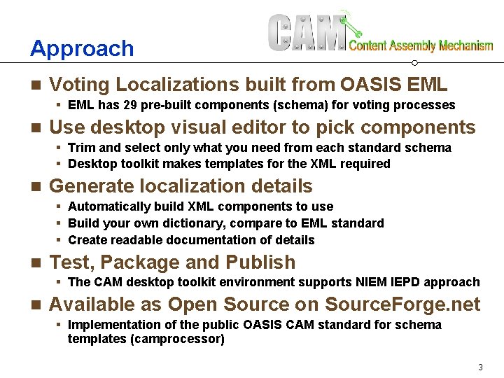 Approach n Voting Localizations built from OASIS EML § EML has 29 pre-built components