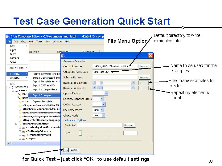 Test Case Generation Quick Start File Menu Option Default directory to write examples into