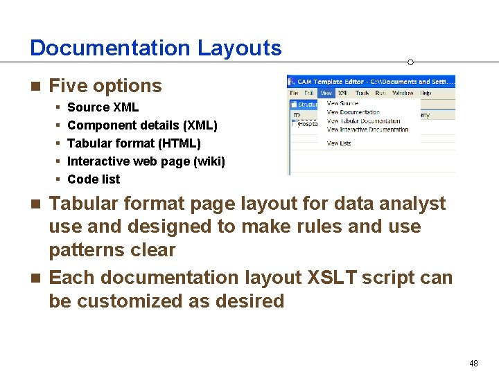 Documentation Layouts n Five options § § § Source XML Component details (XML) Tabular
