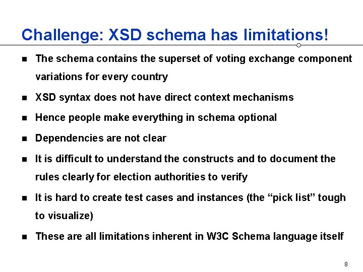 Challenge: XSD schema has limitations! n The schema contains the superset of voting exchange