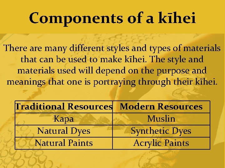 Components of a kīhei There are many different styles and types of materials that
