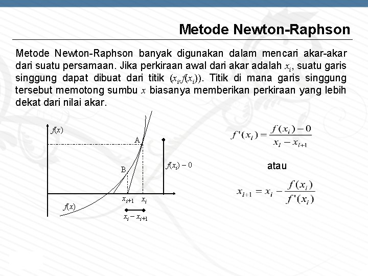 Metode Newton-Raphson banyak digunakan dalam mencari akar-akar dari suatu persamaan. Jika perkiraan awal dari