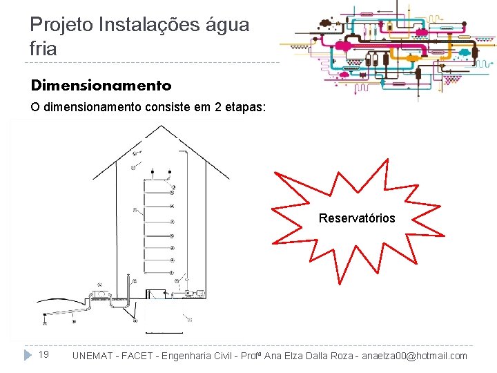 Projeto Instalações água fria Dimensionamento O dimensionamento consiste em 2 etapas: Reservatórios 19 UNEMAT