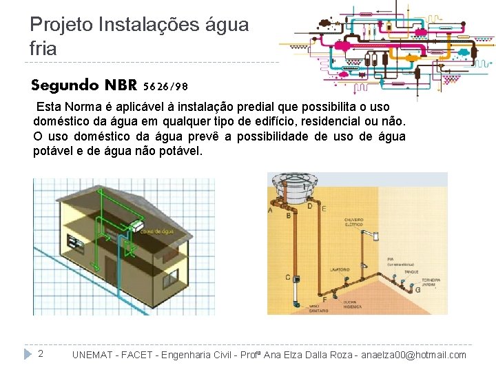 Projeto Instalações água fria Segundo NBR 5626/98 Esta Norma é aplicável à instalação predial
