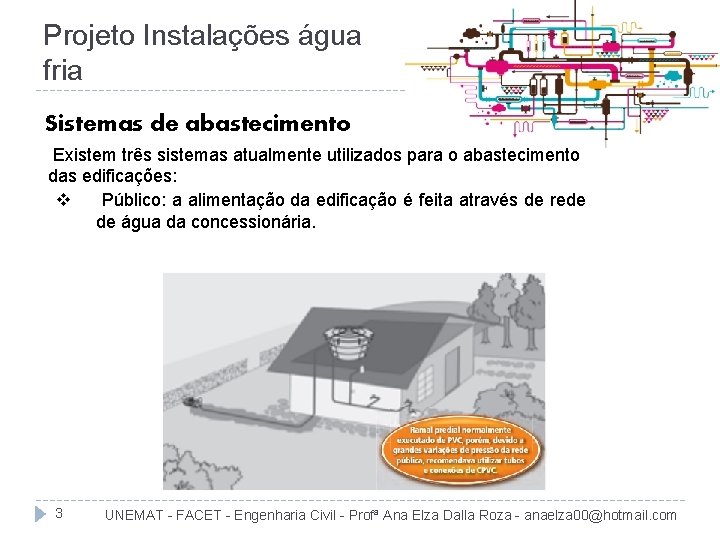 Projeto Instalações água fria Sistemas de abastecimento Existem três sistemas atualmente utilizados para o
