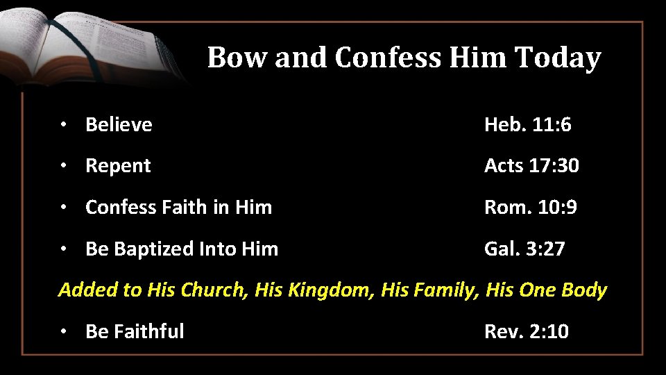 Bow and Confess Him Today • Believe Heb. 11: 6 • Repent Acts 17: