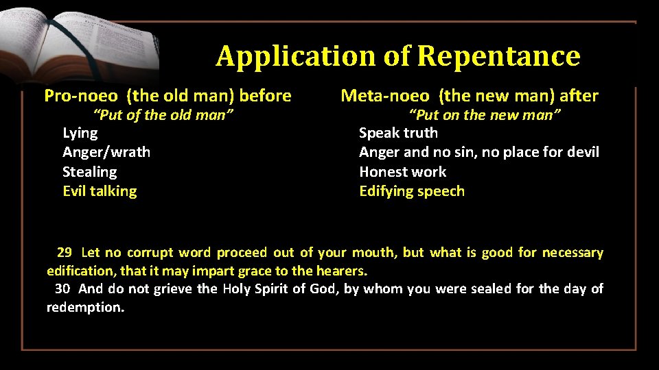 Application of Repentance Pro-noeo (the old man) before • • “Put of the old