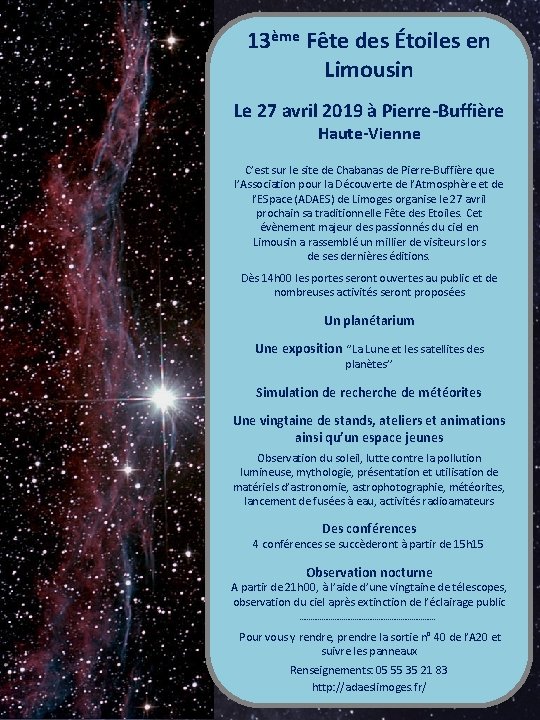 13ème Fête des Étoiles en Limousin Le 27 avril 2019 à Pierre-Buffière Haute-Vienne C’est