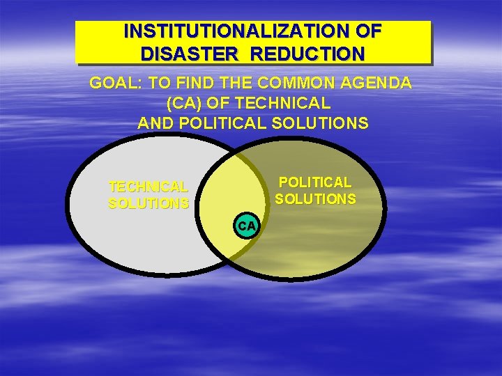 INSTITUTIONALIZATION OF DISASTER REDUCTION GOAL: TO FIND THE COMMON AGENDA (CA) OF TECHNICAL AND