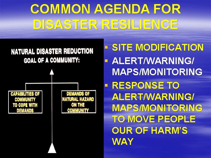 COMMON AGENDA FOR DISASTER RESILIENCE § SITE MODIFICATION § ALERT/WARNING/ MAPS/MONITORING § RESPONSE TO