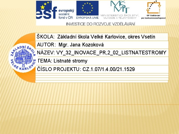 ŠKOLA: Základní škola Velké Karlovice, okres Vsetín AUTOR: Mgr. Jana Kozoková NÁZEV: VY_32_INOVACE_PR, 2_02_LISTNATESTROMY
