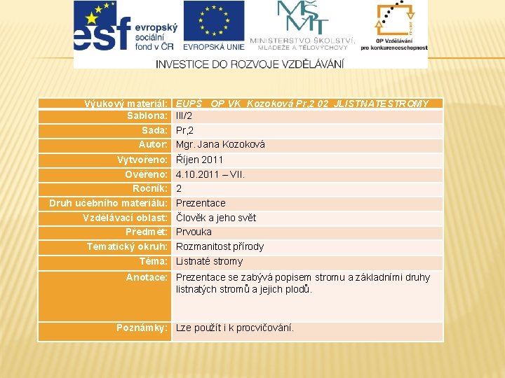 Výukový materiál: Šablona: Sada: Autor: EUPŠ _OP VK_Kozoková Pr, 2 02_JLISTNATESTROMY III/2 Pr, 2