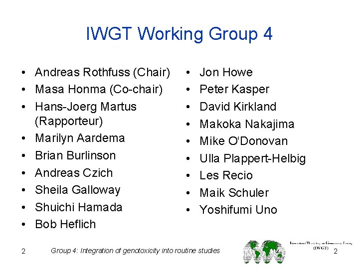 IWGT Working Group 4 • Andreas Rothfuss (Chair) • Masa Honma (Co-chair) • Hans-Joerg