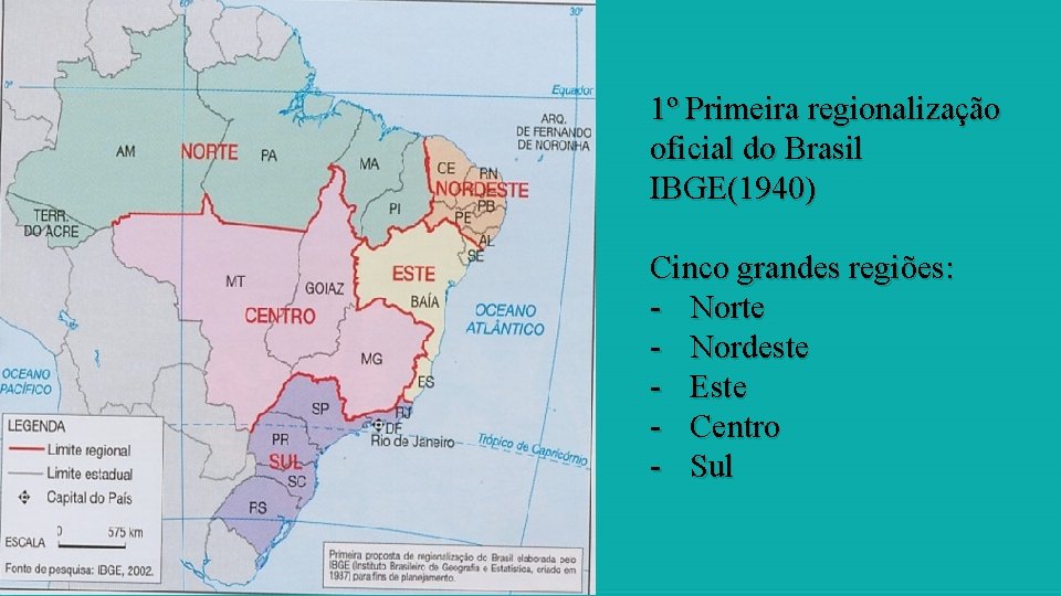 1º Primeira regionalização oficial do Brasil IBGE(1940) Cinco grandes regiões: - Norte - Nordeste